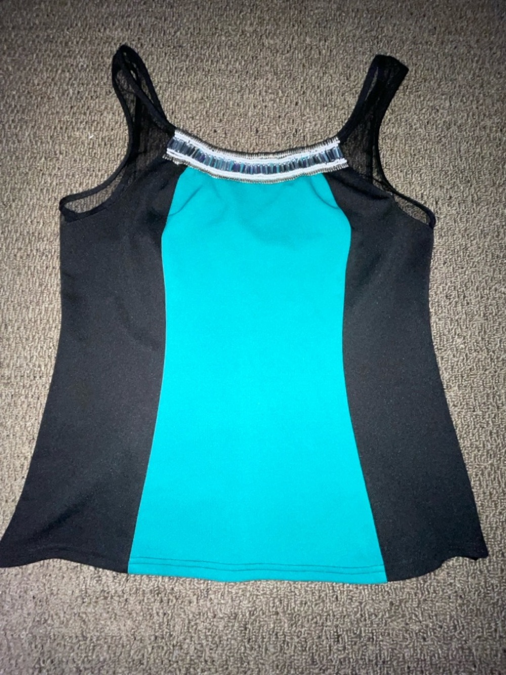 Beaded Neckline Teal & Black Mesh Panel Tank Top